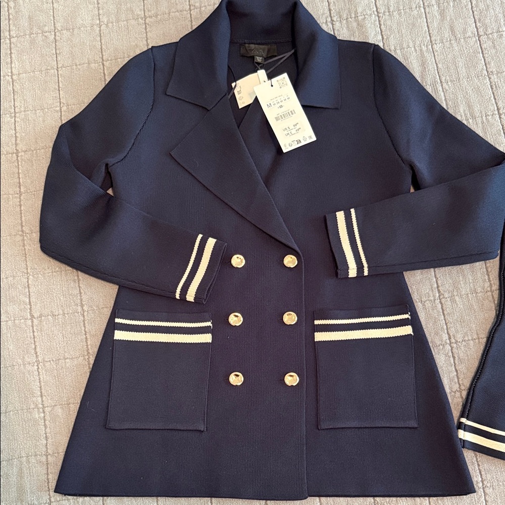 Zara Navy Blazer with Gold Buttons and White Stripes